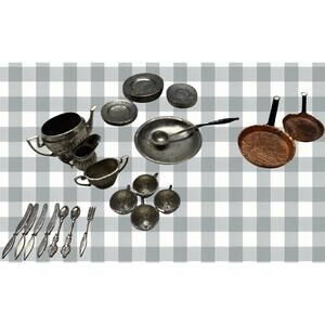 Vintage 28pc Dollhouse Miniatures Kitchen Dishes, Cutlery, and Pans 1:12 Japan